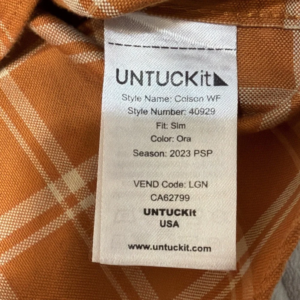 UNTUCKit Mens Large Slim Fit Wrinkle Free Plaid Button Down Shirt Blue Orange